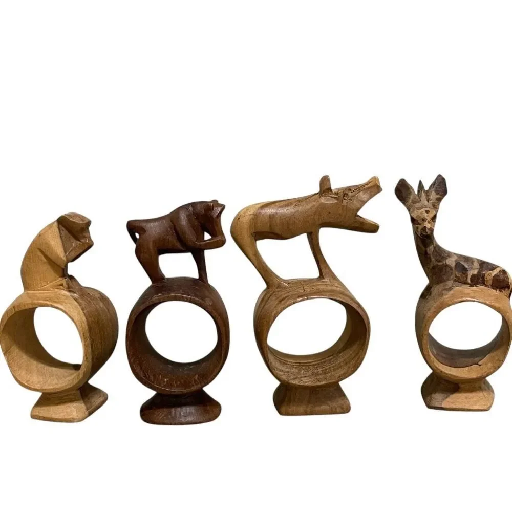 Wood Hand Carved Safari Animal Napkin Rings Monkey Giraffe Rustic Cabin Set of 4